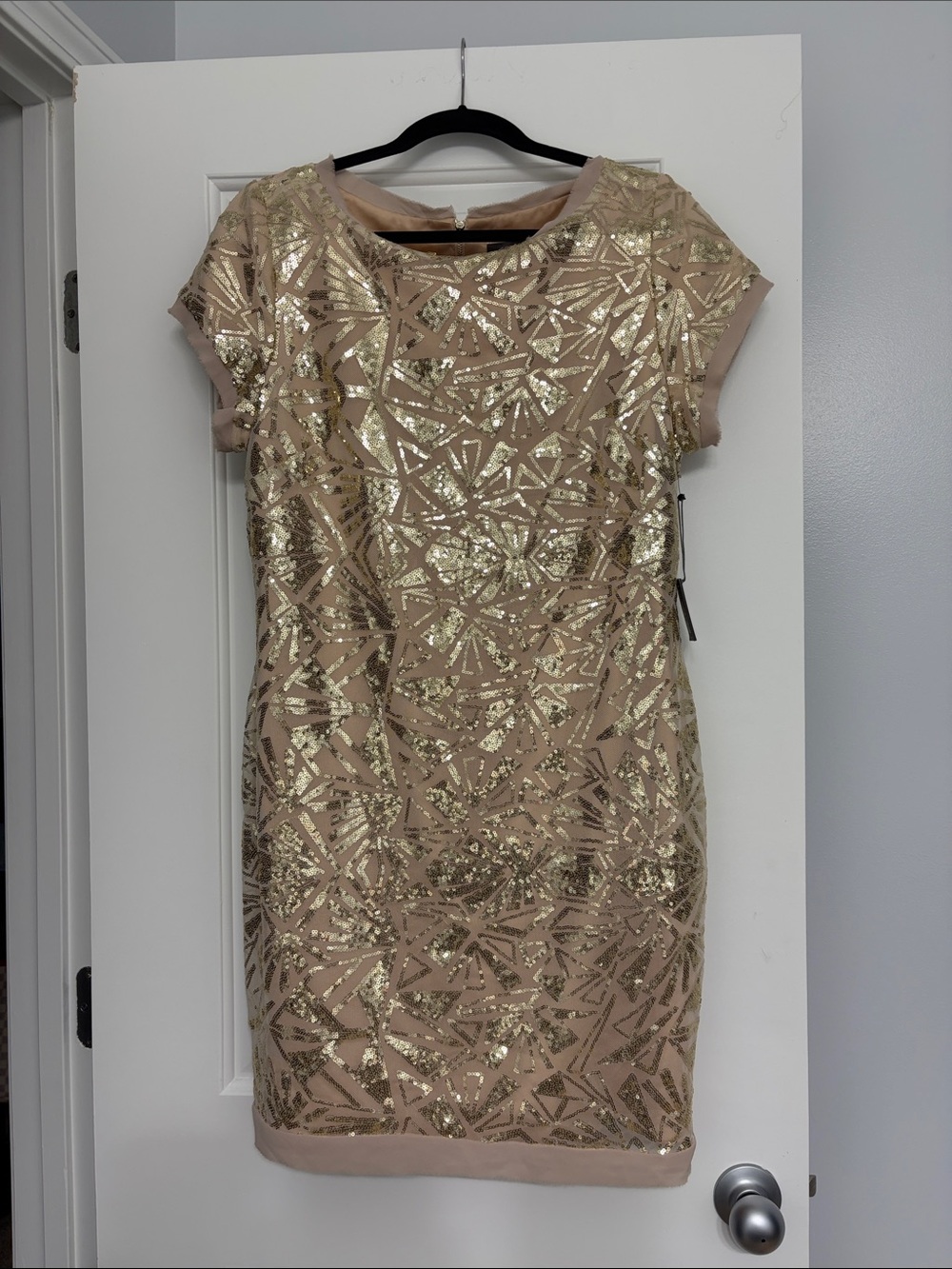 Vince Camuto Nude Mini Dress with Gold Sequin Geometric Overlay